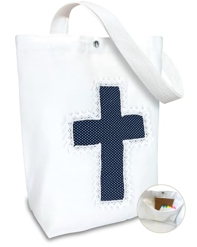 Christian Tote Bag Gift for Women, Canvas Bible Bag Handmade Floral Cross - color: White-navy Polka Dot