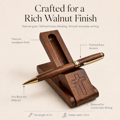 Wooden Christian Pen & Holder with Engraved Cross – Faith Gift For Christian Men and Women. Pastor Appreciation. Religious Pen Desk Accessory.