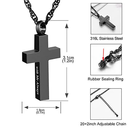 Cremation Cross Necklace for Ashes Stainless Steel Cross Urn Pendant Ashes Holder Memorial Jewelry-With Me Always - style: With me always-Black