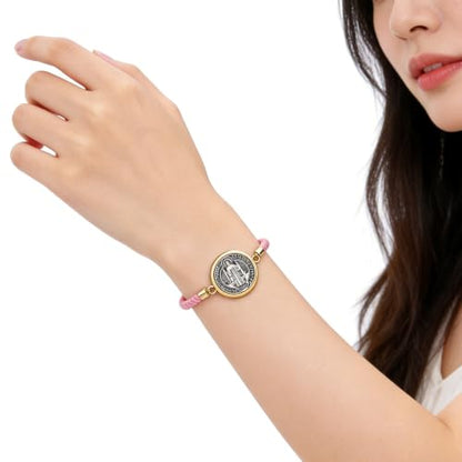 Catholic Bracelets St. Benedict Bracelet Red Rope Double Hole Pendant Couple Woven Bracelets Adjustable Black Bracelet - color: pink