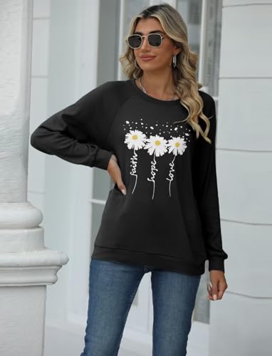 EADINVE Women Daisy Print Sweatshirts Crewneck Long Sleeve Pullover Tops - color: Black, size: X-Large