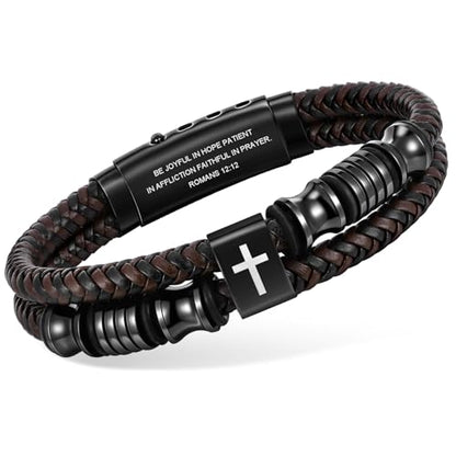 Christian Brown Leather Bracelet for Men - Double-Row Braided Leather Faith Cross Bracelets Bangle Religious Baptism Inspirational Bible Verse Jewelry Gift for Young Men Teenage, Adjustable Wristband - color: Romans 12:12