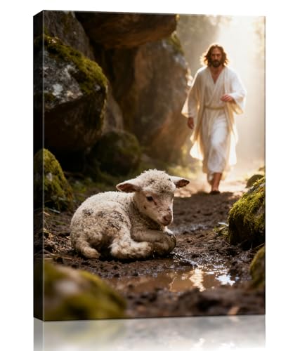 Jesus Saves the Lost Lamb Wall Art, Jesus Christian Canvas Wall Decor, Waterproof Religion Canvas Art Wall Decor Posters Paintings Prints for Living Room, Bedroom, Prayer Room, Framed 8x10 inch - color: Lamb -2, size: 8"L x 10"W