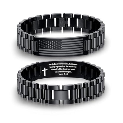 P. BLAKE American Flag Bible Verse Bracelet for Men, Stainless Steel Engraved Scripture Bracelet Christian Religious Christmas Birthday Jewelry Gifts - color: Black, size: John 3:16