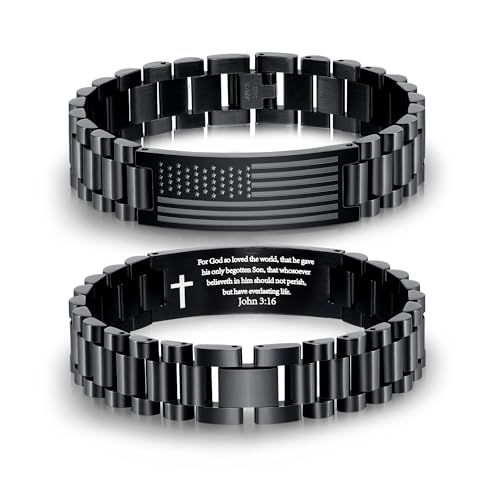 P. BLAKE American Flag Bible Verse Bracelet for Men, Stainless Steel Engraved Scripture Bracelet Christian Religious Christmas Birthday Jewelry Gifts - color: Black, size: John 3:16