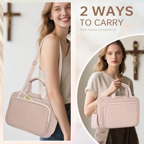 Bible Cover Case for Women Bible Study Supplies Christian Gifts for Women Church Camp Essentials Christian Bible Journaling Kit Quilted Large Bible Cover with Durable Handle (Pink, Large) - color: Pink