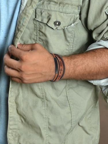 Mens Leather Cross Bracelet Multilayer Braided Wristband Bangle Bracelets with Stainless Steel Buckle Religious Gift for Men Brown/Black/Blue–8.3 inch - color: Light Brown-2, size: 8.3in(Fits most wrists)