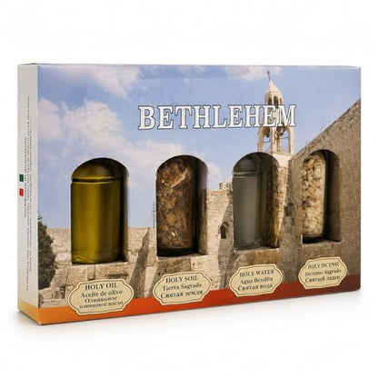 Authentic Holy Land Blessing Set – 4-Piece Biblical Elements Gift Box with Anointing Olive Oil, Sacred Jerusalem Soil, Jordan River Holy Water & Aromatic Frankincense Incense (Bethlehem)