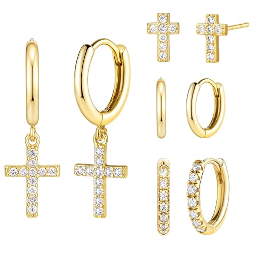 Small Gold Huggie Hoop Earrings Set for Women Men Hypoallergenic 14K Plated Stack Cartilage Earrings, Sterling Silver Multiple Piercing Lightweight Mini Thin Cute Dainty Trendy Jewelry Gifts for Women - color: Gold-Cross