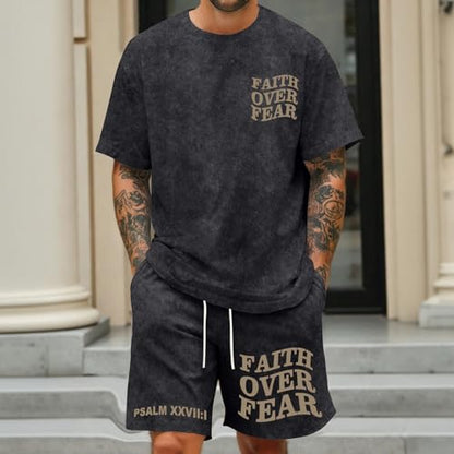 Men's Christian Shirt and Shorts Set Oversized Faith Over Fear T Shirt Washed Religious Bible Verse 2 Piece Outfits - color: Black, size: Medium