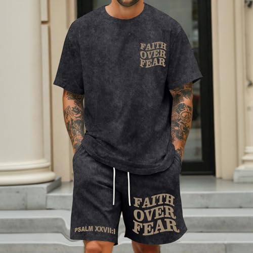 Men's Christian Shirt and Shorts Set Oversized Faith Over Fear T Shirt Washed Religious Bible Verse 2 Piece Outfits - color: Black, size: X-Large