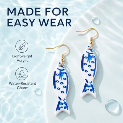 Fish Earrings For Women, Boho Colorful Acrylic Resin Tropical Sea Life Large Dangle Earring Hypoallergenic Summer Beach Vacation Statement Jewelry Gifts - color: Blue Little Fish