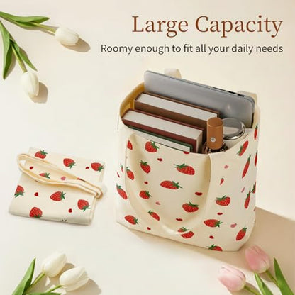 Canvas Tote Bag for Women with Zipper Cute - color: Strawberry