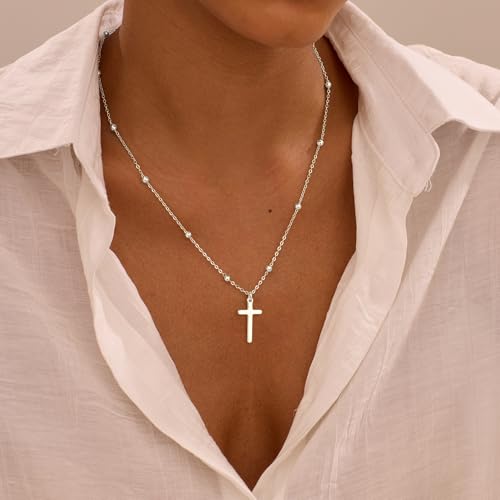 Cross Necklace for Women, Dainty 14K Gold Plated Cross Pendant Simple Long Necklaces for Women, Christian Faith Necklace Trendy Gold Jewelry Gifts for Easter - color: silver bead cross necklace