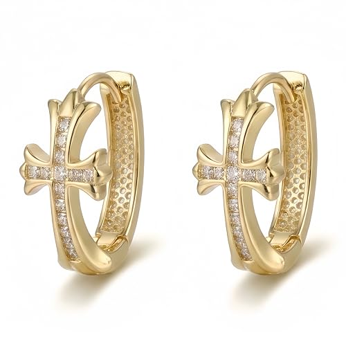 14K Gold Plated Cross Hoop Earrings for Women, Crystal Huggie Earrings, Elegant Faith Jewelry Gift - color: Gold