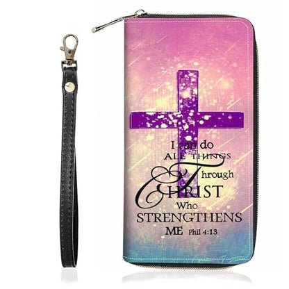 Women's Christian Cross Bible Verse Phil 4:13 Print PU Leather Zipper Wallet, Compact, Slim, Large Capacity, 8 Card Slots, Purple - color: Christian Cross Bible Verse Phil 4:13