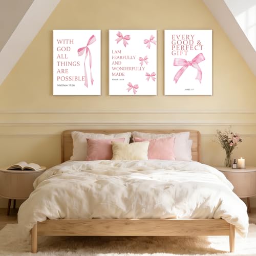 NCCXNCC 3Pcs Coquette Pink College Style Bow Canvas Wall Art 12x16 Inch - color: Bible Pink Bow, size: 12×16inch