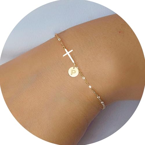 Stocking Stuffers for Teens Women, Cross Bracelet for Women Graduation Gift Dainty Cross Bracelet with Initials Christian Gifts for Women Teen Girl Gift Confirmation Baptism Religious Jewelry Birthday Mothers Day Gifts - color: Gold - P