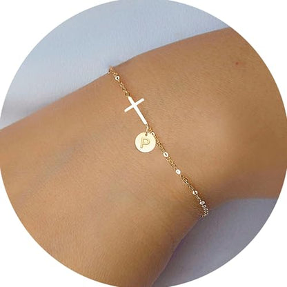 Stocking Stuffers for Teens Women, Cross Bracelet for Women Graduation Gift Dainty Cross Bracelet with Initials Christian Gifts for Women Teen Girl Gift Confirmation Baptism Religious Jewelry Birthday Mothers Day Gifts - color: Gold - P