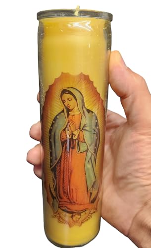 100% USA Quality Authentic Beeswax Devotional Candle, Our Lady of Guadalupe Glass Prayer Candle, 8" H x 2.25" W, 100 Hours Burning time.