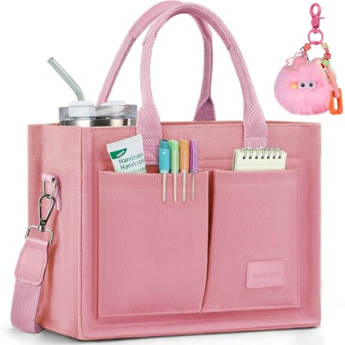 BECOJADDE Structured Canvas Tote Bag for Women, Multi-Compartment Zippered Purse for Work Bible Travel - color: Pink, size: X-Large