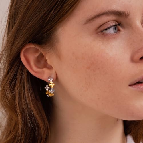 Two Tone Gold Silver Hoop Earrings Mixed Metal Open C Hoop Earrings - color: Cross