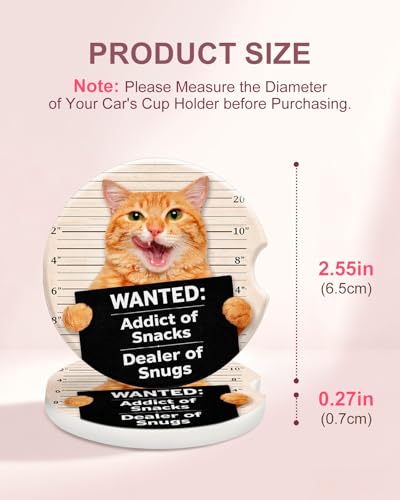 Swooflia 2 Pack Absorbent Ceramic Car Coasters for Women - color: Wanted Cat