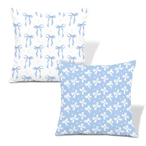 Coquette Blue Bow Throw Pillow Covers 18x18, Coquette Girly Room Decor, Preppy Blue Aesthetic Ribbon Bow Decorative Pillow Covers for Girls Bedroom Dorm Apartment, Set of 2 - color: Colour -G