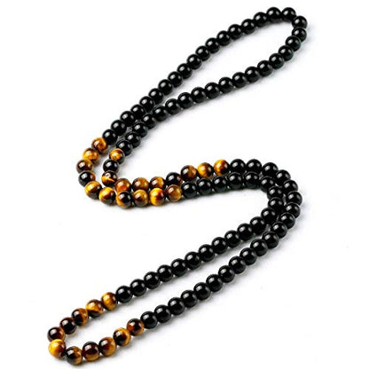 Black Onyx Glass Beads Men's Tiger Eye Stone Bead Necklace - color: black