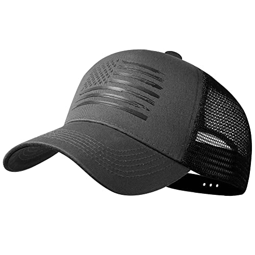 Baseball Cap, American Flag Trucker Hat for Men Women, Breathable Adjustable Fit Outdoor Mesh Snapback Hats - color: Dark Gray/Black Flag