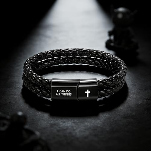 Christian Bracelet for Men, Bible Verse Leather Cross Gift for Men - color: B-Philippians 4:13