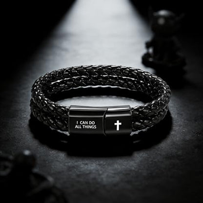 Christian Bracelet for Men, Bible Verse Leather Cross Gift for Men - color: B-Philippians 4:13