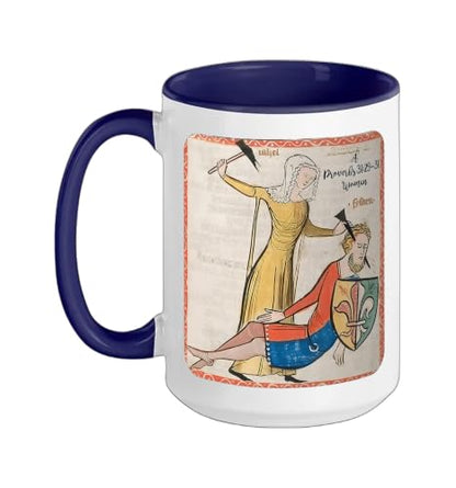 Proverbs 31 29 31 Woman Medieval Christian Art Design Ceramic Mug, Dark Blue/White, 15oz - color: Dark Blue/White, size: 15 Ounces