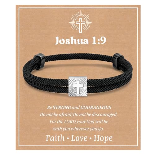 MEALGUET Christian Gifts Cross Bracelet for Boys : Adjustable Black Rope Faith Cross Bracelets for 6 8 10 12 14 16 Years Age Teenage Young Boy Son, Religious Jewelry Gift Ideas for Easter Baptism - style: Joshua 1 9