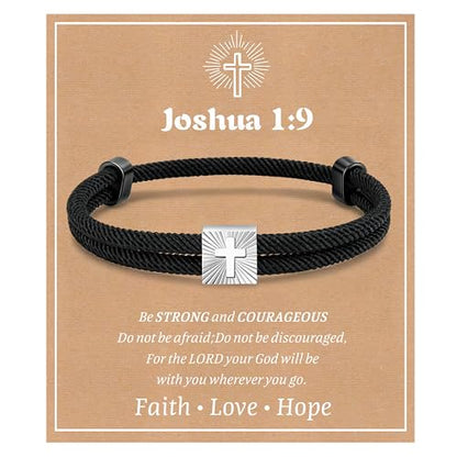 MEALGUET Christian Gifts Cross Bracelet for Boys : Adjustable Black Rope Faith Cross Bracelets for 6 8 10 12 14 16 Years Age Teenage Young Boy Son, Religious Jewelry Gift Ideas for Easter Baptism - style: Joshua 1 9