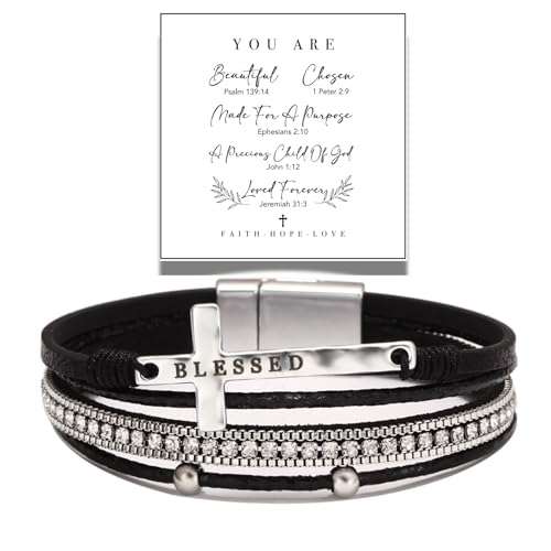 LINGYUAN Cross Bracelet for Women, Leather Religious Christian Jewelry - color: Black