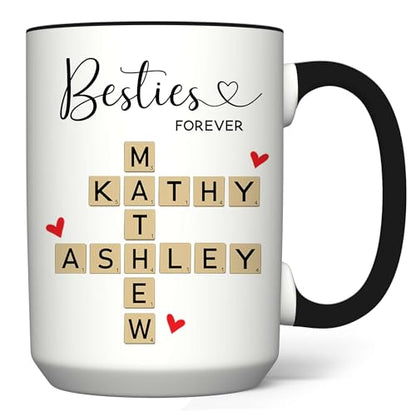 Personalized Besties Forever Mug - Custom Besties Names Crossword Puzzle Mug - Peronalized Sisters Names - Birthday Gift For Best Friend - Long Distance Besties Cup - color: SCRABBLE-M1