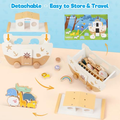 SIMPLIPLAY Wooden Noah's Ark Toy with Animal Shape Sorter & Story Book