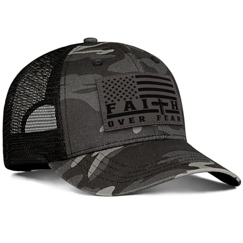 Faith Over Fear Christian Hats for Men Women, American Flag Trucker Hat, Religious Gifts for Thanksgiving Christmas - color: Camo