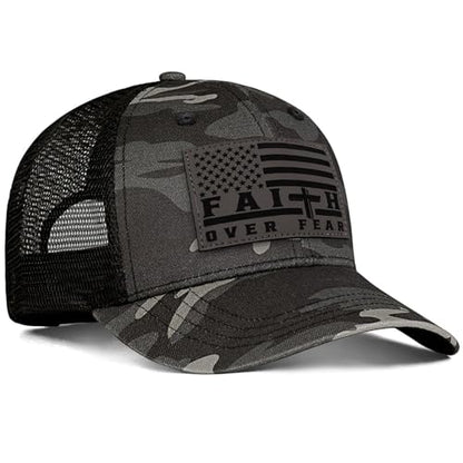 Faith Over Fear Christian Hats for Men Women, American Flag Trucker Hat, Religious Gifts for Thanksgiving Christmas - color: Camo