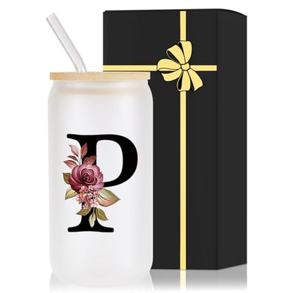Monogrammed Glass Drinking Cup With Lid Straw Women Teacher Coworker Assistant Principal Christmas Paraprofessional Administrative Professional It Hr Admin Day Gift French Nursing Spanish Swim Latin,P - style: Letter P