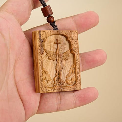 Wooden Archangel St. Michael Necklace, Carved Olive Wood, Wooden Religious Pendant Jewelry (Cross) - color: Square