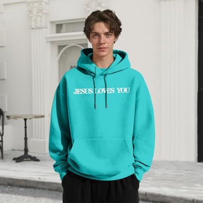 Christian Jesus Loves You Hoodies for Teen Religious Faith Sweatshirts Bible Verse Graphic Youth Hoodie - color: Blue Green, size: Large