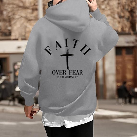 Men Faith Over Fear Christian Cross Graphic Pullover Hoodie - color: Grey, size: XX-Large