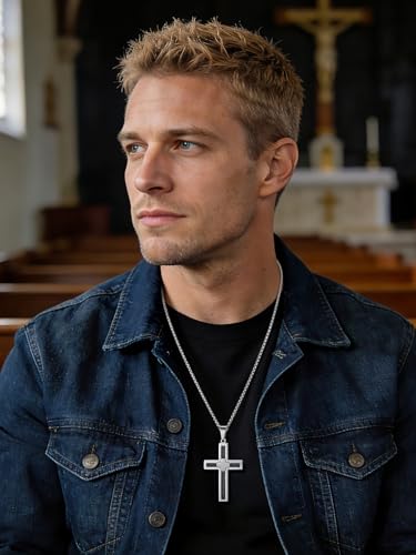 FaithHeart Stainless Steel Cross Necklace for Men, Silver/Black/Gold Cross Chains for Men Religious Amulet Necklaces Christian Gifts for Dad - style: Twist Cross-Silver