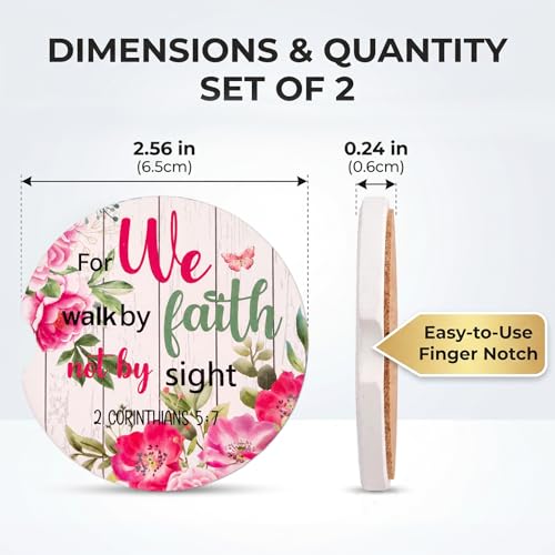 Car Coasters for Cup Holders - 2 Pack Bible Verse Cup Holder Coasters for Car with Finger Notch, 2.56 Inch Wildflower Cars Ceramic Interior Accessories with Cork Base for Women Men - color: Bible Verse