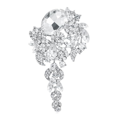 SELOVO Large Long Flower Brooch Pin for Women Wedding Party Brooch Pendant - color: Clear&Silver-tone