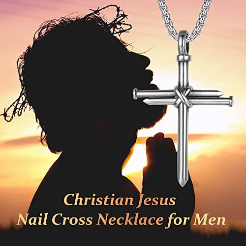 Nail Cross Necklace for Men Stainless Steel Chain 24inch 3 Nails Jesus Cross Pendant Christian Gifts for Dad 3 Colors - color: Silver