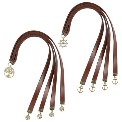 FINGERINSPIRE 2 Styles Leather Ribbon Bookmark 13.7x0.4 inch Cowhide Leather Bookmarks with 4 Ribbon Alloy Anchor Helm Tree of Life Pendant Saddle Brown Leather Bookmark for Women Men Book Lovers - color: Anchor & Life Tree Pendant