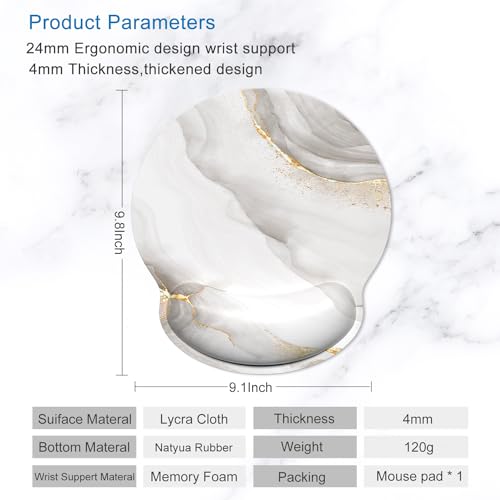ITNRSIIET Ergonomic Mouse Pad with Wrist Support Wrist Rest Smooth Surface Non-Slip Rubber Base Comfortable Office Supplies Pain Relief, 9.8 x 9.1 inches, White marbling - color: White marbling